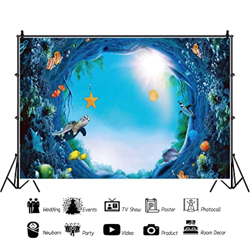 Renaiss 7x5ft Underwater World Backdrop Under The Sea Tropical Fish Sea Turtle Deep Sea Sunlight Seabed Aquarium Photography Background for Kids Newborn Baby Shower Birthday Decor Banner - color: WSNWH17096, size: 7x5ft