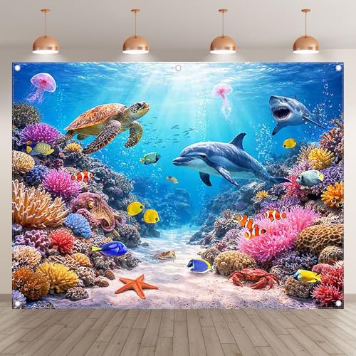 Fabric 8x6ft Under The Sea Photography Backdrop Ocean Underwater World Animals Tropical Fish Dolphin Turtle Mermaid Sunlight Background Kids Party Decorations Photo Props - size: 8'x6'