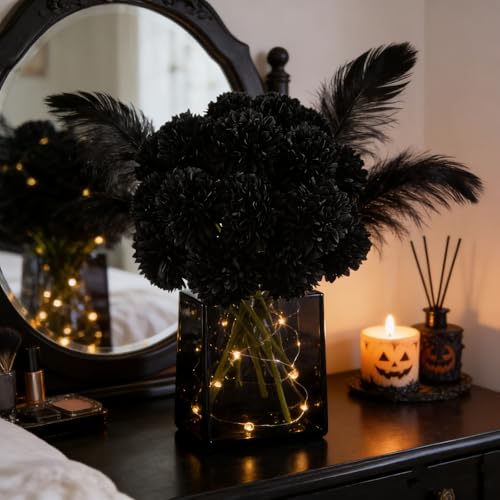 Kimura's Cabin 20Pcs Black Chrysanthemums Artificial Flowers Faux Silk Mums with Stem Balls Flowers for Halloween DIY Arrangement Home Party Table Centerpieces Decor Vase Fillers - color: Black