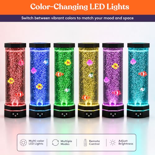 Special Supplies Aquarium Sensory Fish Bubble Light Tube with 16 LED Color Changing Nightlight Effect, Remote Control, and 5 Fish, Colorful Desk Standing Lamp