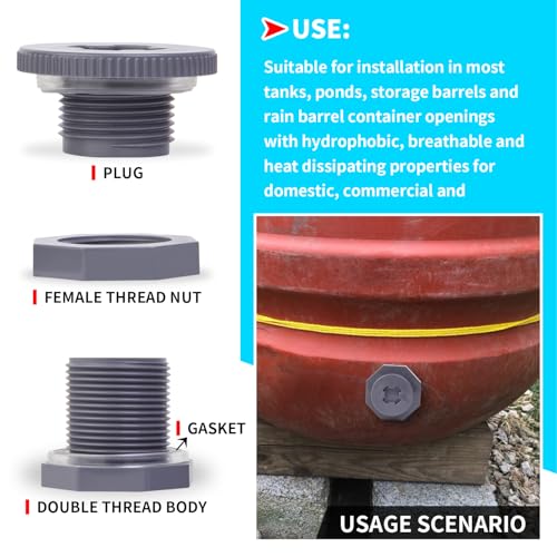 ChillWaves PVC Bulkhead Fitting 3/4" Double Thread Connector Adapter with Plugs for Water Tank, Aquariums, Rain barrels(4-PACK) - size: 3/4 INCH, style: Bulkhead Fitting + Plug