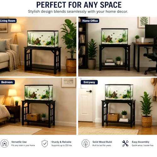Colingmill 20 Gallon Aquarium Stand, Solid Wood Fish Tank Stand with Storage Shelf, Heavy Duty Black Aquarium Table for 10-20 Gallon Tanks, 220lbs, 25.5 x 14 x 25.5 inches, Black