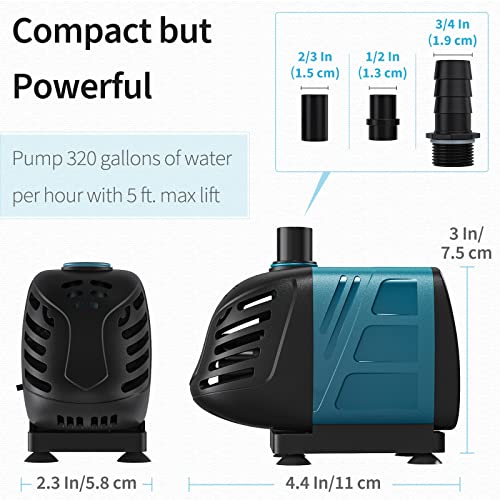 Uniclife Aquarium 320 GPH Submersible and Inline Water Pump 22W 5ft High Lift AC 120 V Quiet Adjustable Return Pump with 6 ft. Power Cord for Fish Tanks Pond Waterfalls Fountains Sumps and Gardens - size: 320GPH