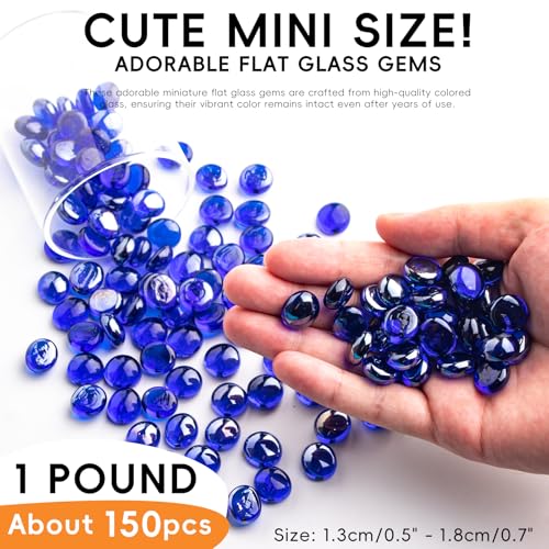 1 LB Blue Glass Marbles, Mini Flat Glass Beads~150 PCS for Vase Fillers, Floral Bottom Mancala Gems Pebbles Fish Tank Rocks for Table Aquarium,Home Decor Art Craft Supplies(0.5"~0.7") - color: Blue~1 Lb, size: 1 LB