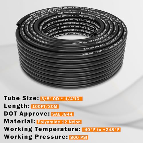 CheeMuii 100 FT 3/8 Pneumatic Tubing 3/8" PA12 Nylon DOT Air Line SAE J844 DOT Air Hose 30.5 Meter 3/8 Inch OD Pneumatic Air Tubing Pipe Hose Line - color: Black, size: 3/8"OD-100FT