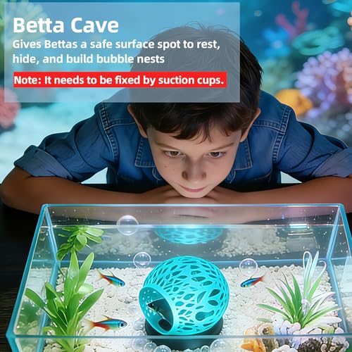 Floating Betta Hideout Cave for Aquarium, Multi-Function Resting Hammock & Shrimp Feeder with Fish Feeding Ring, Betta Fish Tank Accessories, Aquarium Decor & Fish Tank Decor（Ice Blue）