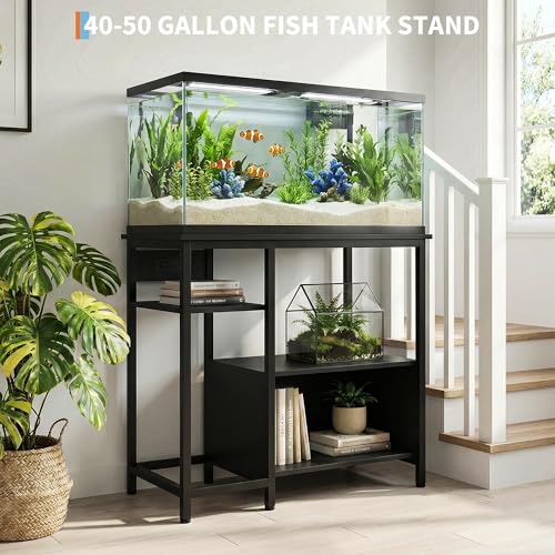 40-50 Gallon Fish Tank Stand with Power Outlets, Heavy Duty Metal and Wood Aquarium Stand with 4-Tier Open Storage Shelves, for Fish Tank, Turtle & Reptile Terrarium, 36.6" × 18.9" × 30.7" - color: Black, size: 36.6