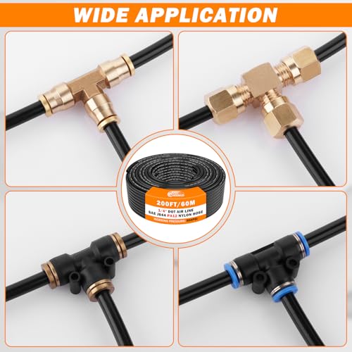 CheeMuii 200 FT 1/4" DOT Air Line 1/4 PA12 Nylon Pneumatic Tubing 61 Meter 1/4 Inch OD Pneumatic Air Tubing Pipe Hose Line for Semi Truck Trailer or Industrial Air System - color: Black, size: 1/4"OD-200FT