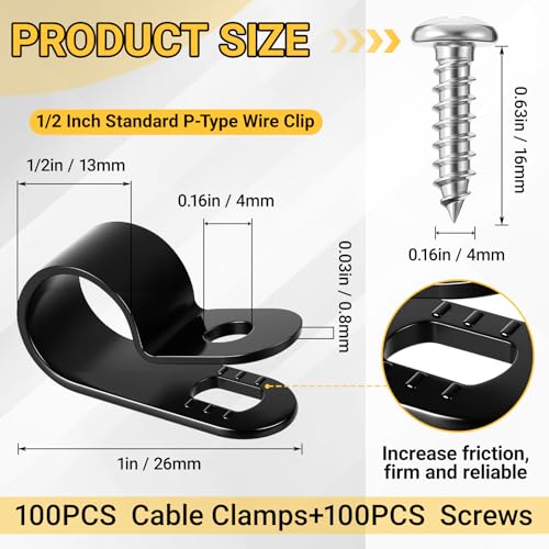 1/2inch 100 Pcs Rope Light Clips P-Style Cable Clips Mounting Cable Plastic Clamps Compatible with Stainless Steel Screw for Wire Cord Management Reinforced & Thickened Design (Black)