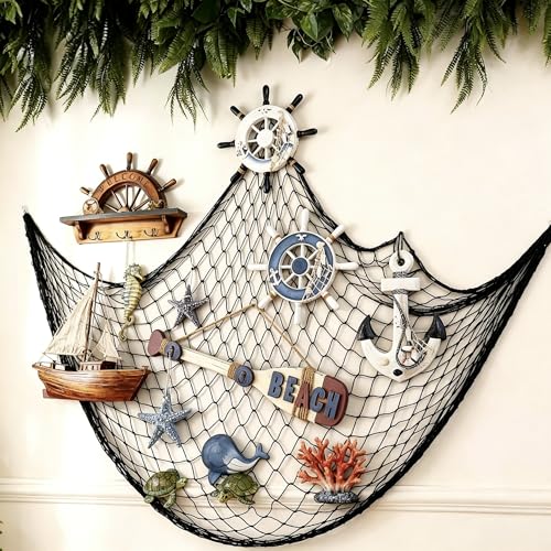 Decorative Fishing Net 5x10 ft, 3 Pack Large Black Picture Fish Net, Wall Photo Hanging Fishnet for Nautical Mermaid Pirate Ocean Themed Hawaii Beach Halloween Under The Sea Party Decorations - color: Black, size: 3 Pcs-5x10 Feet