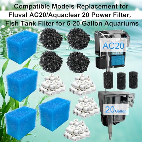 4 Sets Complete Filter Media Kit Compatible with Fluval AC20/Aquaclear 20 Power Filter for 5-to-20 Gallon Aquariums - Includes 4 Active Carbon, 4 Ceramic Rings, 2 Intake Strainer Sponges, 4 Foam - size: For AC20