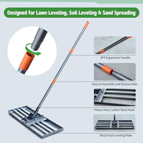 Lawn Leveling Rake 30x10 Inch, 6FT Heavy-Duty Carbon Steel Lawn Leveler – Yard Leveling Rake for Soil, Sand, Grass, Perfect for Lawn Repair, Pit Filling & Garden Maintenance - size: M