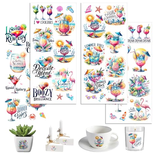 UV DTF Cup Wraps, 4 Sheets Summer Cocktail 16oz Glass Cups, Clear Transfer Stickers for Tumblers and Bottles, Assorted Pattern Set - style: Summer Cocktail