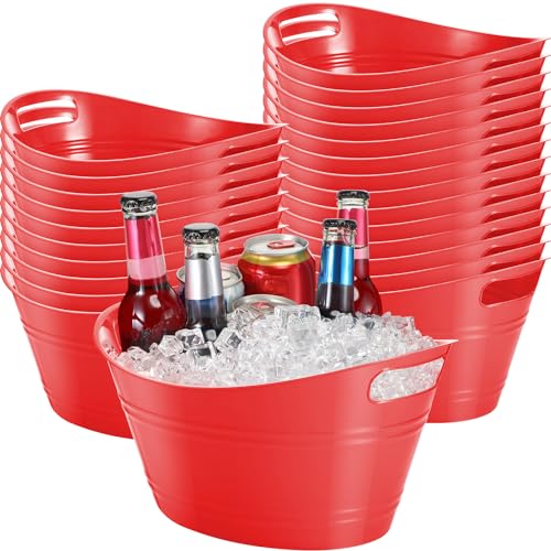 Norme 24 Pcs Oval Storage Tub with Handles, 4.5l Plastic Ice Buckets Bulk for Wine Beer Champagne Drink Cooler Beverage Storage Tub for Parties BBQ Weddings Party Outdoor Celebration(Red) - color: Red