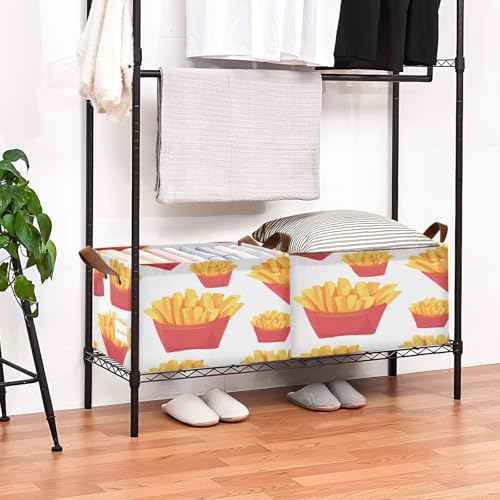 Ollabaky Collapsible Rectangular Closet Storage Bin Fast Food French Fries Shelf Basket Box with Leather Handles - Storage Cube, Nursery Storage, Laundry Hamper