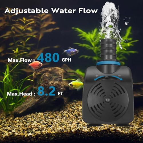 TONGCHANT Submersible Pump, 480GPH & 8.2ft Lift | 35W Adjustable Flow Fountain Pump for Small Pond Fish Tank & Aquarium, 3 Nozzles(1/2", 5/8" & 3/4"), Fish Safe & Ultra Quiet Operation, ETL Listed - size: 480GPH