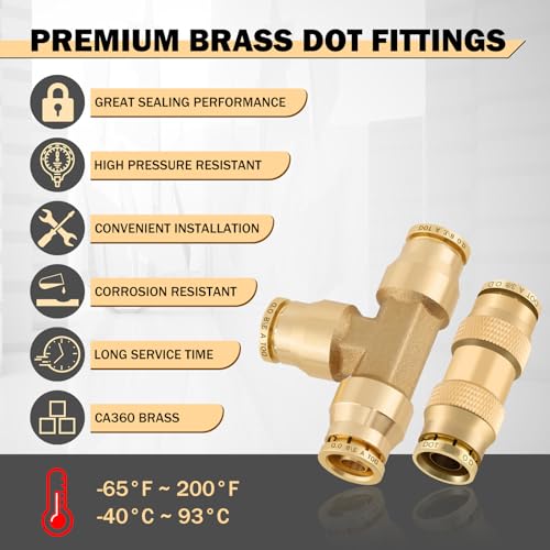 CheeMuii 35 PCS Brass DOT Air Line Fittings Kit 1/4 3/8 1/2 DOT Quick Connect Air Fittings Straight & Tee Union Push to Connect Air Hose Fittings for Semi Truck Trailers Air Brake System - size: 35PCS