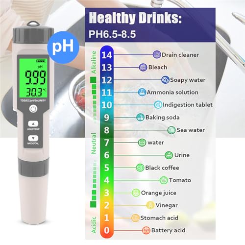 Pool Salt Tester - Multifunctional 5 in 1 Salinity, PH, TDS, EC, and Temperature Meter, Pool Salinity Testing Kit, Digital Salinity Tester for Swimming Pool,Saltwater, Sea Water, Aquarium - color: Gray