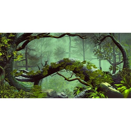 AWERT 30x18 inches Foggy Forest Terrarium Background Stone Green Tree Tropical Reptile Habitat Background Rainforest Aquarium Background Durable Polyester Background