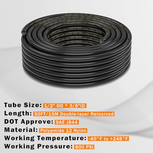 CheeMuii 50 FT 1/2" Double Layer DOT Air Line Premium PA12 Nylon 1/2 Pneumatic Tubing SAE J844 DOT Air Hose 15 Meter 1/2 Inch OD Pneumatic Air Tubing Pipe Hose Line - size: 1/2"OD-50FT-Double Layer