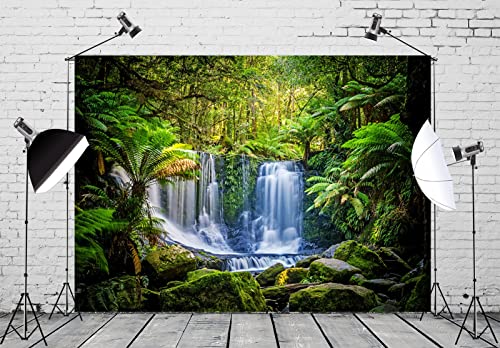 BELECO 7x5ft Fabric Jungel Forest Waterfall Photography Backdrop Tropical Rainforest Cascade Green Trees Landscape Background Walking Travel Outdoor Camping Activity Photo Shoot Studio Props - size: 7x5FT