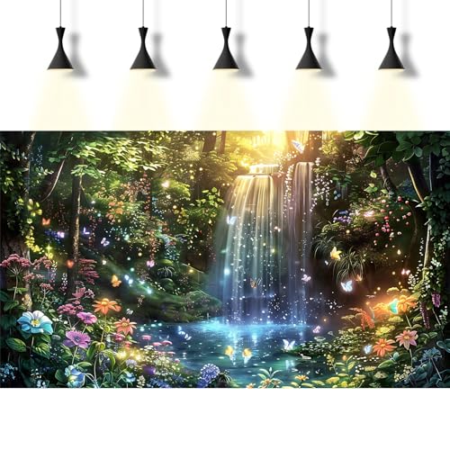 Jungle Waterfall Aquarium Background Fantasy Forest Vibrant Flowers Fish Tank Background Magical Forest Glade Dancing Butterflies Reptile Tank Backgrounds Tranquil Lake Terrarium Backgrounds 24x12in - color: Green_Purple, size: 24(W)x12(H)inches/ 60(W)*30