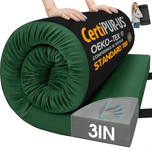 CYMULA 3 Inch Memory Foam Camping Pad, Camping Essentials Roll Up Floor Mat for Car Camping, Cot, Tent, Truck, Travel and Guest Use, Non-Slip Waterproof Bottom, Removable Cover - color: DARK GREEN, size: Small Cot:63*25*3