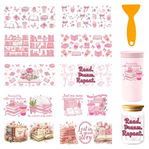 14 Pcs Reading UV DTF Cup Wraps for 16OZ Glass, 4.3 x 9.4 Inch Pink Reading Book Lover UV DTF Transfer Stickers Waterproof Rub on Transfer Decals for Glass Bottle Vase Furniture Crafts - style: Pink Reading