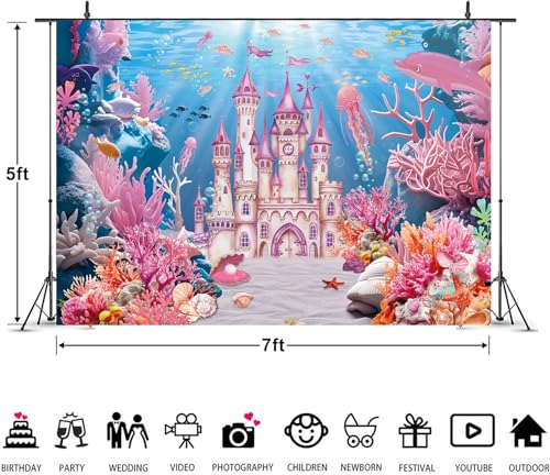 Under The Sea Backdrop Summer Underwater World Wonderland Castle Coral Shell Mermaid Ocean Theme Photography Background Girls Princess Baby Shower Birthday Party Decorations Photo Props (7x5FT) - size: 7x5FT