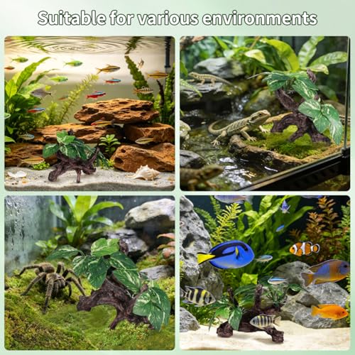 Veemoon Aquarium Driftwood Resin Decor with Cloth Leaf Plants and Driftwood Cave Realistic Fish Tank Landscape Ornament for Freshwater and Saltwater Aquatic Pets 6.69 X 4.33 X 3.93 Inch
