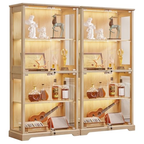 LELELINKY Farmhouse Glass Display Cabinet Set of 2 with Doors, Wooden Curio Cabinet for Collectibles with 3-Color LED Motion-Sensor Light & Reinforced Base, Natural - color: Natural, size: Set of 2
