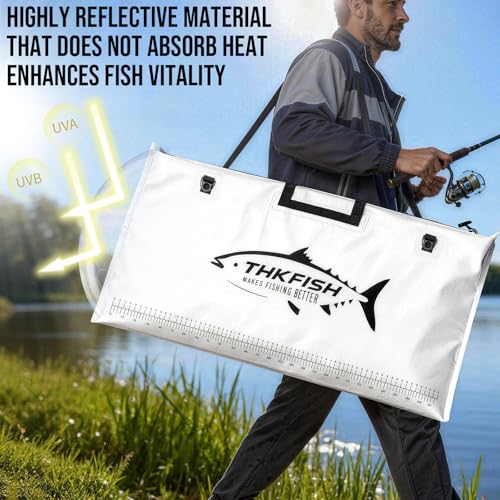 THKFISH Fish Tournament Weigh in Bag for Bass Fishing, Heavy Duty Insulated Live Fish Bag for Caught Fish with Waterproof Zipper and Mesh Liner, Leakproof,Puncture Resistant(White-32×19.7in) - color: White-32×19.7in
