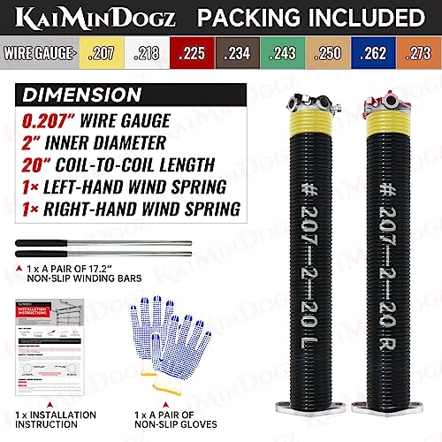 Pair of 2" Garage Door Torsion Springs Set with Non-Slip Winding Bars & Gloves, High Quality Precision Electrophoresis Black Coated, for Replacement & Installation, MIN 16,000 Cycles (0.207x2''x20'') - size: 0.207X2"X20"