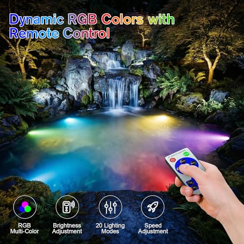 POPOSOAP RGB Underwater Pond Lights, IP68 Waterproof LED Pond Lights with Remote, Timer & Memory Function Fountain Lights for Pond Fountain Waterfall Aquarium Swimming Pool Outdoor Decoration 4-Head - size: 4 RGB Lights-Corded Electric