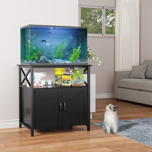 GDLF 20-29 Gallon Cat Fish Tank Stand with Cat Litter Box Enclosure Furniture, Aquarium Terrarium Stand with Shelf Storage,30.7" Lx 17.32" W Tabletop, 330 lbs Capacity, Black - size: 20-29 gallon