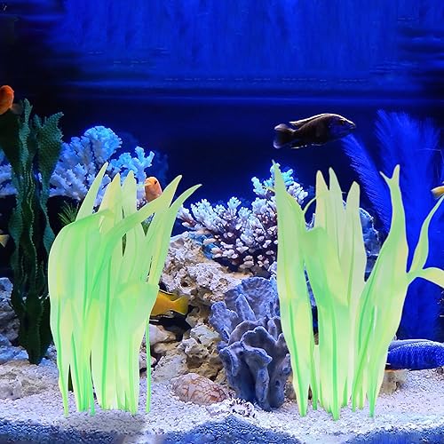Kaiyuan Dynasty 2pc Artificial Fish Tank Plants Aquarium Decoration Plants Silicone Glowing Kelp Ornament Fish Tank Decor Aquarium Plant Aquatic Water Grass,7inch,Green - color: Green