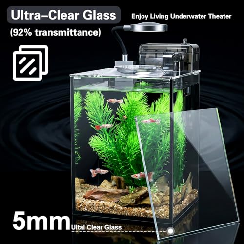 1.2 Gallon Small Aquarium Set Glass Fish Tank,Desktop Small Aquarium Kit for Beginners and Children to Keep Betta Fish, Goldfish, Shrimp, and Aquatic Plants (Black, 1.2 Gallon (Complete Kit)) - size: 1.2 Gallon (Complete Kit)