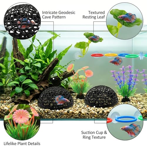 9 Pcs Betta Toys and Betta Enrichment Toys, Aquarium Shrimp Hides and Shrimp Hide Accessories Behavioral Stimulation, Complete Set with Hiding Caves and Training Rings