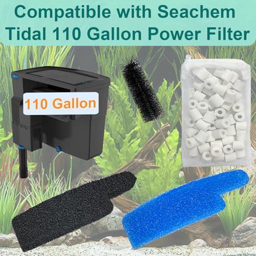 9 PCS Aquarium Media Kit Compatible with Seachem Tidal 110 Gallon (400 Liters) Fish Tank Filter, Including 2 Ceramic Rings, 2 Blue Foam Filters, 2 Carbon Sponge Filters, 1 Brush and 2 Mesh Bags - size: Seachem Tidal 110 Series
