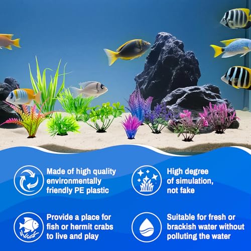 RAINFLOW Artificial Aquarium Plants Decorations - 10Pcs Green & Purple Small Artificial Seaweed Fish Tank Decorations,Aquarium Decor Set,Plastic Plants Betta Fish Tank Accessories