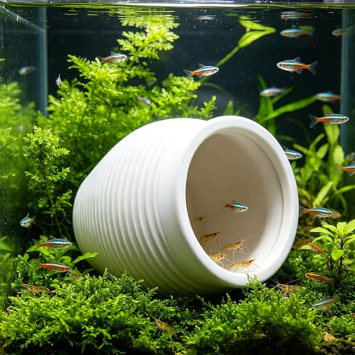 Saim Ceramic Aquarium Hideout Cave, White Clay Pot Fish Tank Decorations with 3.94" Round Opening, Natural Hide House for Cichlid Goldfish Pleco Betta Shrimp Breeding, Aquascape Ornament (Large)
