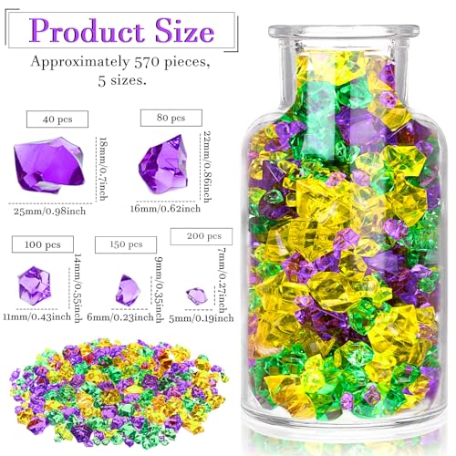 Syhood 570 Pcs 5 Sizes Yellow Green and Purple Fake Crushed Ice Rocks Acrylic Crystal Gems Plastic Diamonds Marble for Vase Fillers Table Scatter Room Mardi Gras Carnival St. Patrick's Day Decoration - color: Yellow, Green and Purple