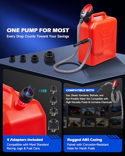 Orion Motor Tech Electric Fuel Transfer Pump with Auto-Shutoff, 3.2GPM Gas Can Pump, 51" Hose, USB-C & AA Battery (NO BATTERIES INCLUDED) Powered, 4 Adapters for Gasoline, Diesel, Kerosene, Red - color: 3.2GPM Cordless Gas Pump Kit, Red