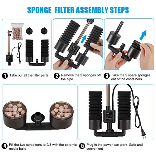 AQQA Aquarium Sponge Filter, Power Driven Double Biochemical Water Filter, Quiet Submersible Foam Filter with 2 Extra Sponges, 1 Bag of Filtered Ceramic Balls for Fresh and Salt Water Fish Tank (S) - size: Small