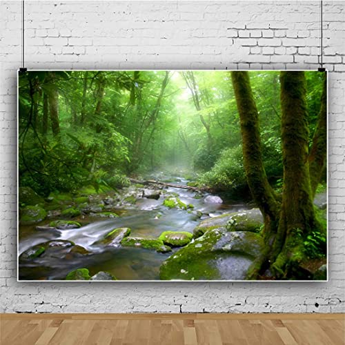 5x4ft Peaceful Forest Photography Backdrop for Outdoor Rustic Travel Theme Banner Decoration Stones Stream Trees Rainforest Jungle Plant Background Polyester Fabric Adults Portrait Photo - size: 5x4ft-P