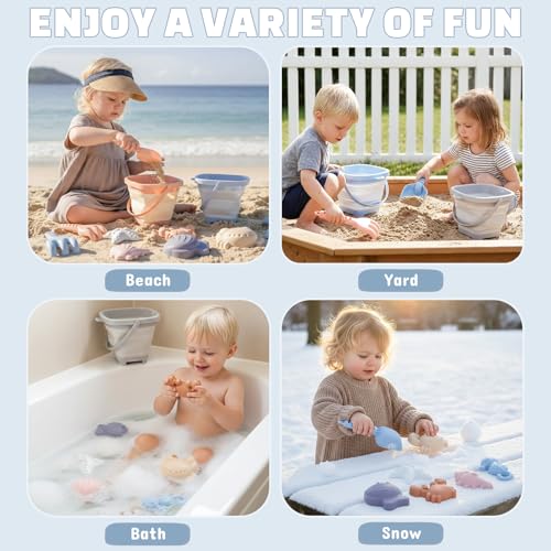 Dreamon 3 Pack Beach Toys Set for Kids 3-10, Collapsible Sand Buckets with Beach Molds and Mesh Bag, Sandbox Travel Toys Beach Vacation Essentials, Camping Gear, Fishing (Blue/Grey/Orange) - color: Blue/Grey/Orange