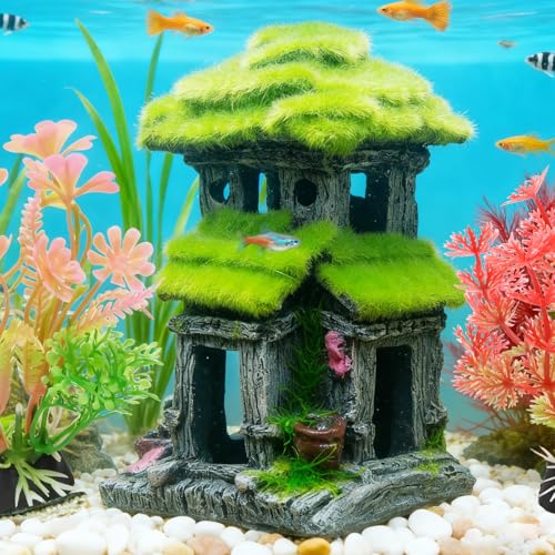 Hoypeyfiy Aquarium Decor Fish House with Simulated Moss, Double Layer Fish Hideout Ornament for Tropical Fish Tanks, Realistic Aquarium Cave Decoration Includes 2 Artificial Plants
