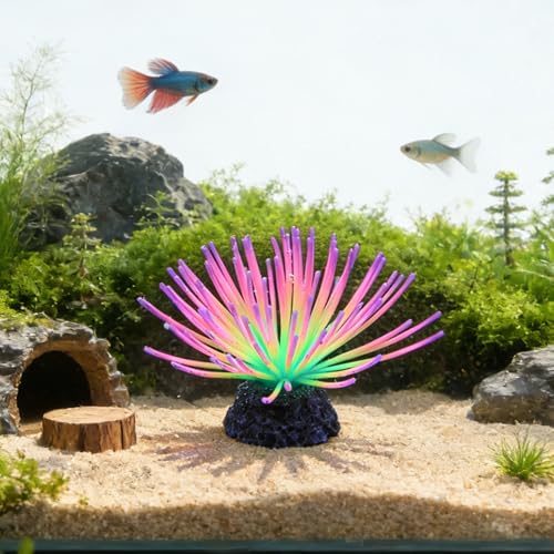 Glowing Sea Urchin Aquarium Decor - Fluorescent Rainbow Ornament with Weighted Base for Fish Tank, Safe Soft Silicone, Freshwater & Saltwater, Vibrant Glow Under Blue Light (Colorful) - color: Colorful