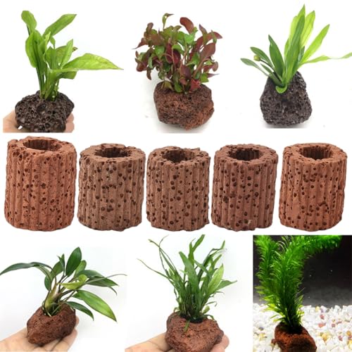 16Pcs Aquatic Plant Holder Fish Tank Plant Ring Lava Rock Small Reusable Column Coconut Brown Water Grass Floating Cultivation Pot Fixed Rings Accessories for Fish Tanks Landscape DIY Decor
