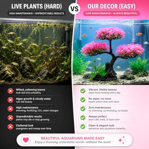 Cabilock Pink Cherry Blossom Aquarium Decor, 12.2 Inch Artificial Sakura Tree Fish Tank Plant with Stable Base, Realistic Plastic Aquarium Ornament for Betta, Goldfish, Turtle Tank Accessories, 4PCS